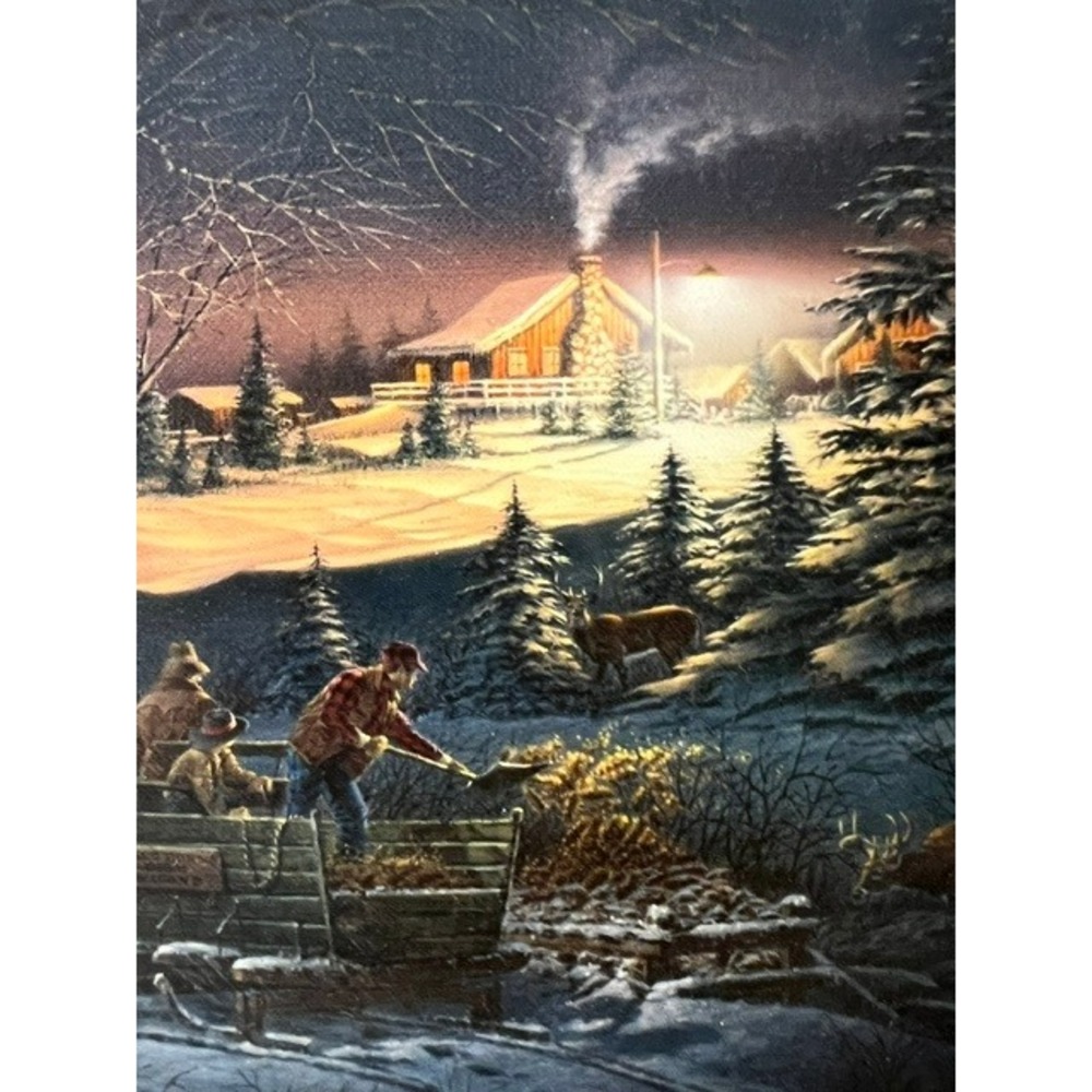 Terry Redlin A Helping Hand Framed Linen Plaque Oak Frame Winter Scene 14x9 - Picture 5 of 8